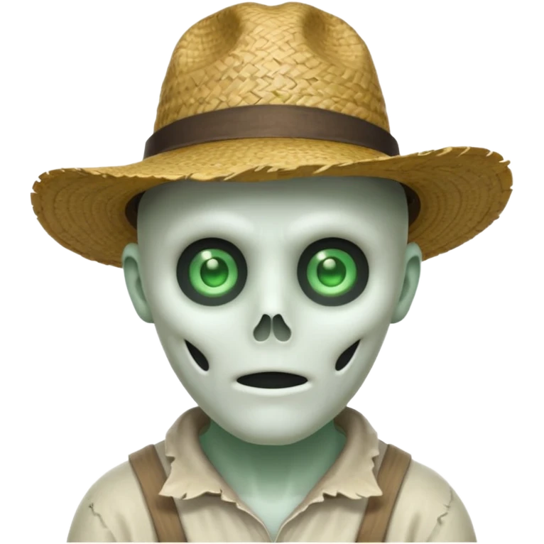 ghost farmer portrait, head and shoulders only, straw hat, spooky pale face, cracked skin, haunted vibe, 3D cartoon, mobile game icon style, clean background, no text, no watermark
 
 emoji