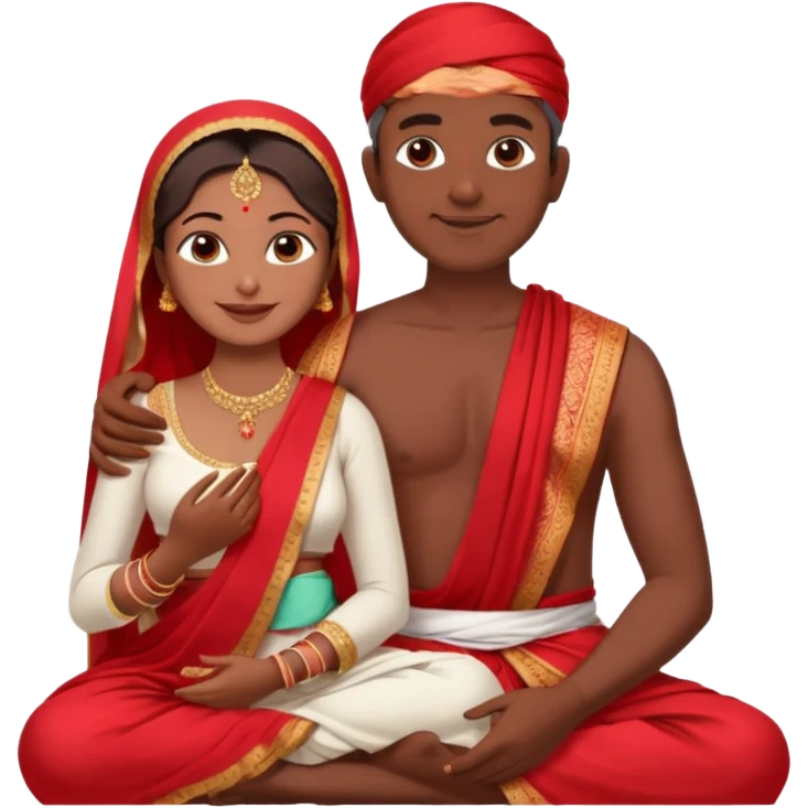an indian bride sitting on her fathers lap. father is wearing a dhoti, shirtless and sitting on a chai emoji