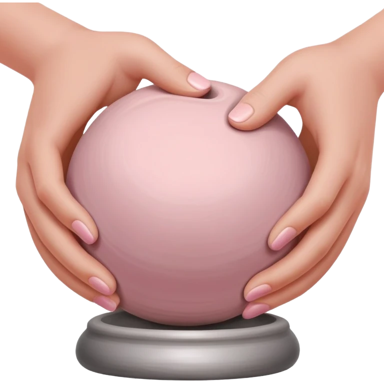 two hands kneading a pink ball of clay over a silver pottery wheel without the clay touching the wheel emoji