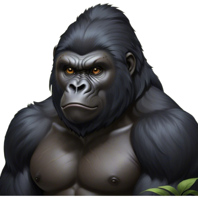 Cinematic Noble mountain Gorilla Portrait Emoji, Poised and majestic, with a powerful, muscular frame accentuated by a distinguished black and grey mane and piercing, wise eyes, Simplified yet sharp and sophisticated features, highly detailed, glowing with a soft, regal jungle glow, high shine, intelligent and commanding, stylized with an air of imperial strength, focused and resolute, soft glowing outline, capturing the essence of a watchful guardian that feels as though it could step out of the screen with effortless authority! emoji