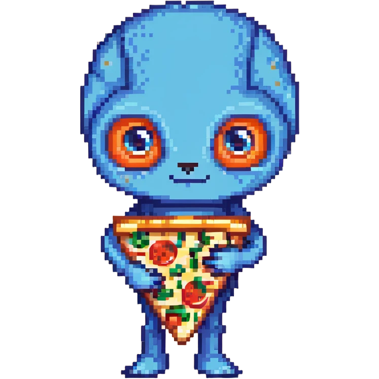 A blue alien with big eyes holding a pizza slice emoji