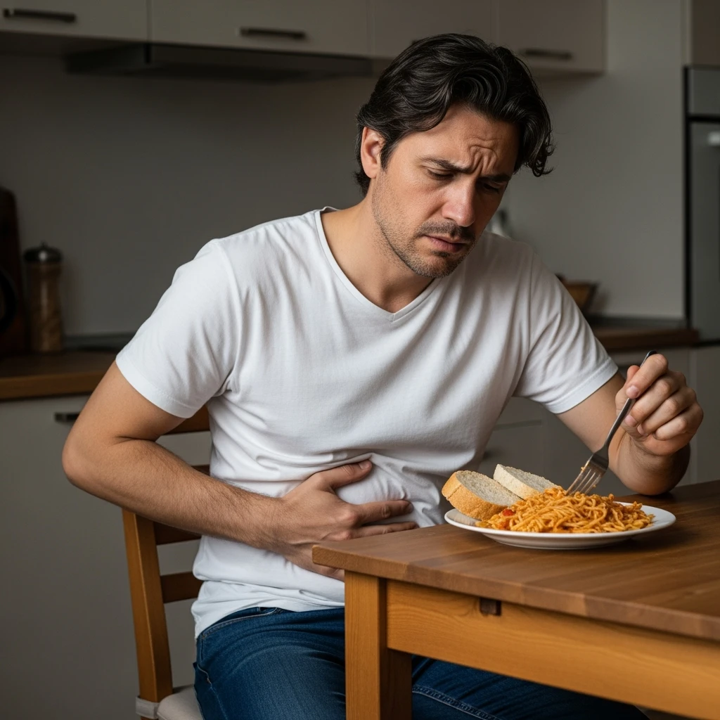 A man in his mid-30s sitting at a kitchen table with a plate of pasta and bread in front of him, looking uncomfortable and conflicted. His facial expression shows bloating, fatigue, and mild abdominal pain. One hand is on his stomach, the other hesitating to eat. emoji