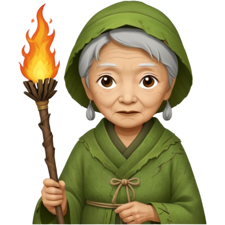 ancient asian old woman, tattered leaf green cloth, hold fire stick emoji