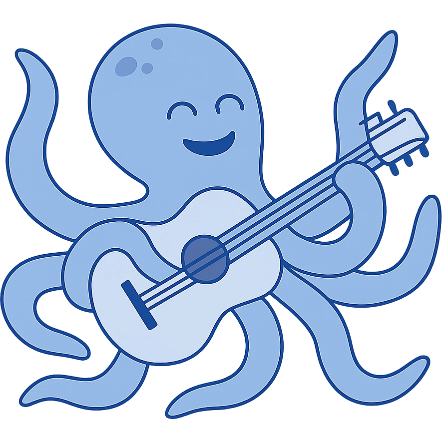happy octopus with multiple arms playing guitar emoji
