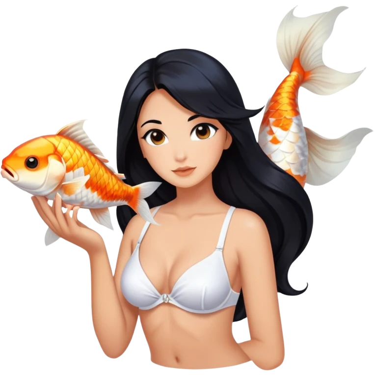 mermaid, long black hair tanned woman, koi fish tail, white shell bra emoji