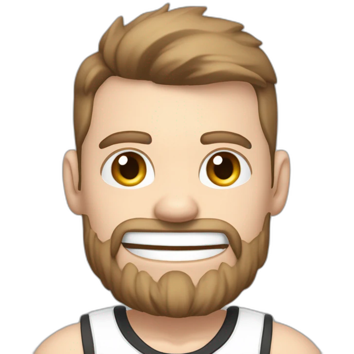 Pale skinned Fit Man With the biceps and brown hair in black shirt, gray sports shorts and white Sneakers Writing text on the flipchart emoji