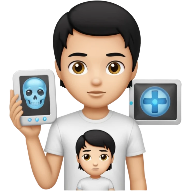 generate a pretty bratz emoji of a boy with black hair wearing a white tshirt and holding a cT emoji