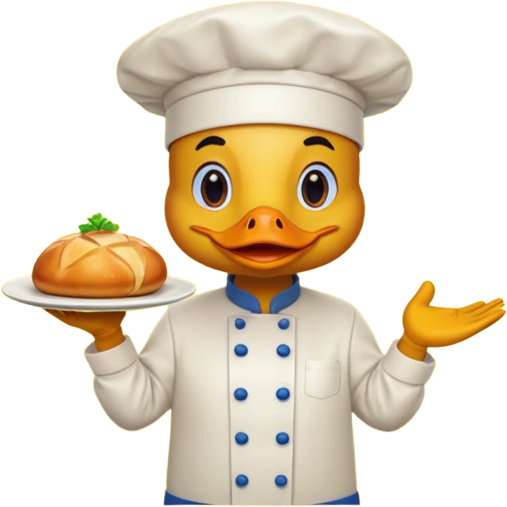 A duck in chef hat presenting a plate of fancy cuisine proudly wearing yellow apron emoji