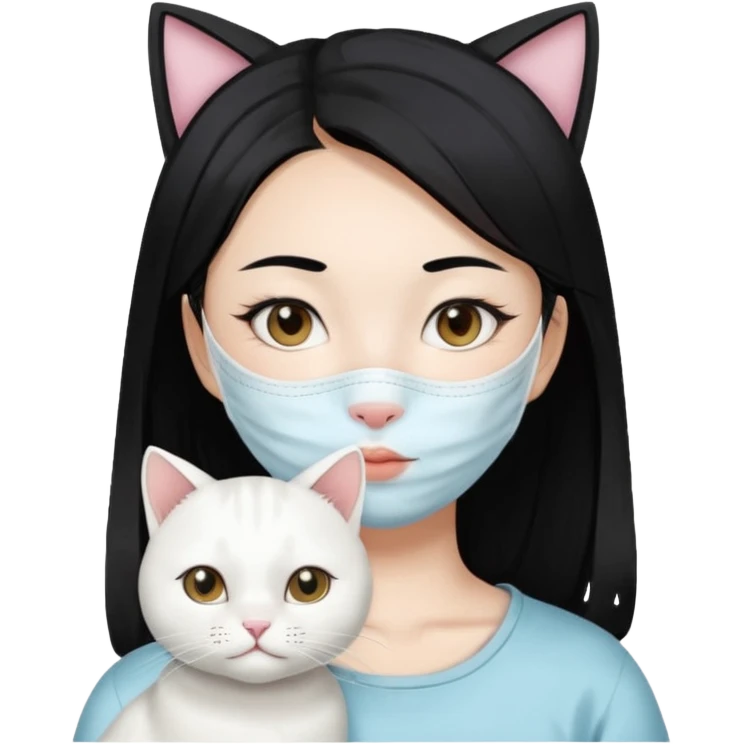 Asian girl with full facial sheet mask pack with one  white cat emoji