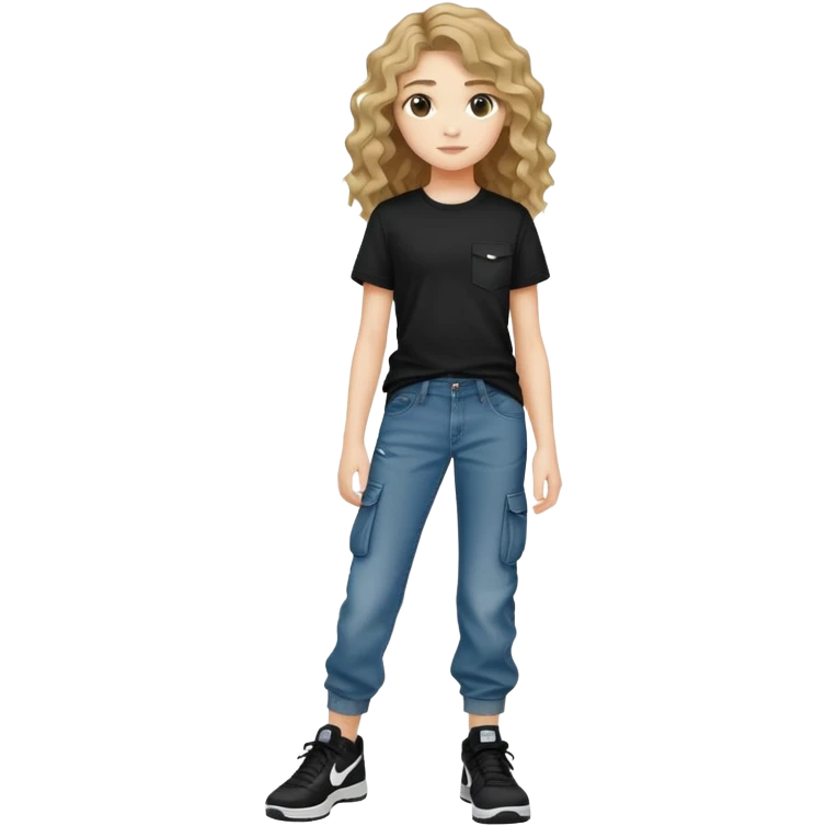 Ragazza di 13 anni con capelli mossi e vestita con dei jeans cargo e magl8a nera  con anche delli nike emoji