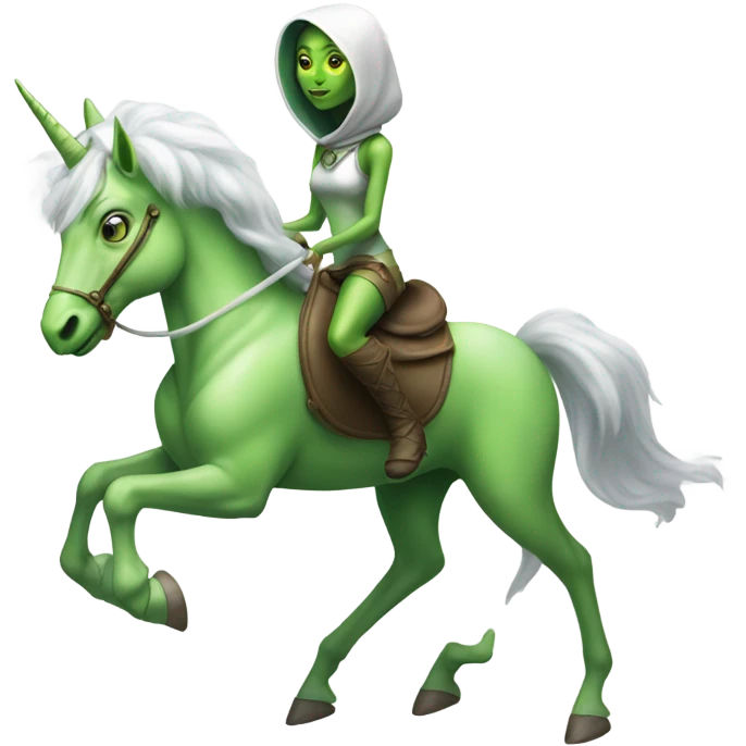 a green amazon alien woman on a four-legged white unicorn emoji