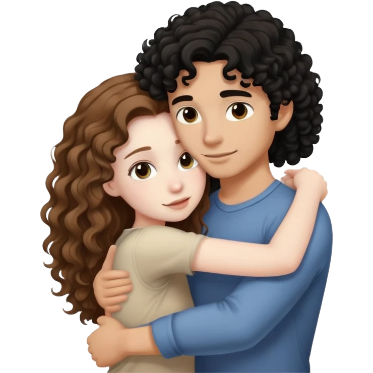 girl with long light brown hair and pale skin hugging a boy with black curly hair and tanned skin emoji