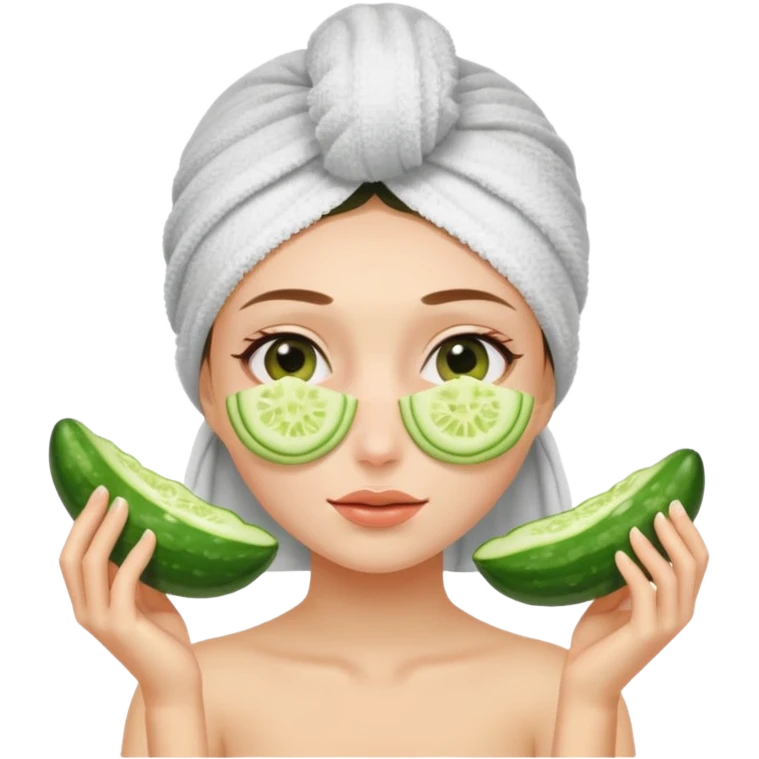 Chica con toalla en el pelo y ruedas de pepinos en los ojos emoji