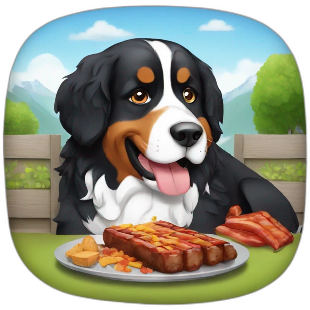 Bernese mountain dog eating a barbecue emoji