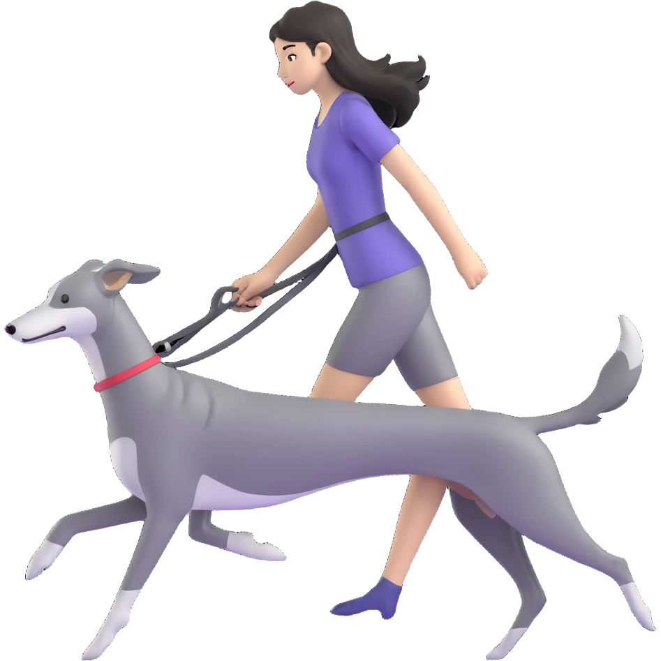 Japanese girl with flowing hair walking a solid grey greyhound with no white markings emoji