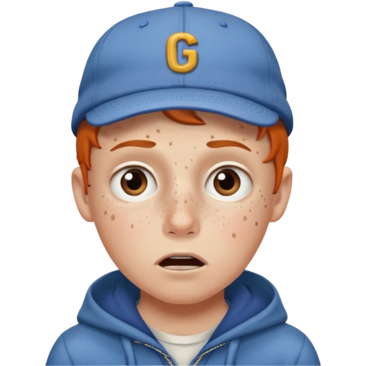 Um garoto branco, com a feição de assustado, usando um boné da Guccy emoji