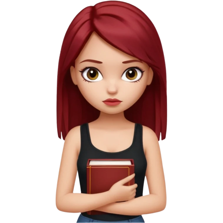 a pretty bratz fair girl with dark red straight hair, black cami top, looking sad holding books emoji