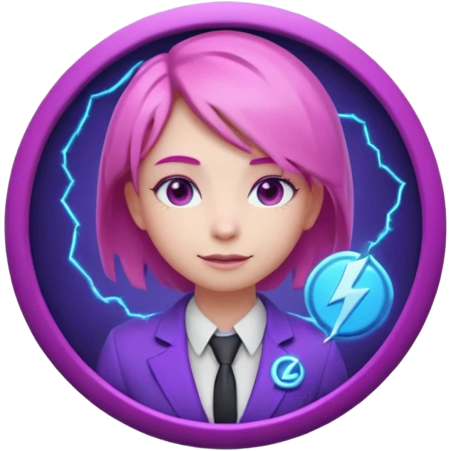 Cute 3D emoji-style girl sexy character with pink hair and purple eyes, inside a circular badge. No hands, no pose. Clean purple suit with a glowing neon-blue ‘C’ logo on the chest, small lightning accent. Smooth Apple-style lighting, friendly expression emoji
