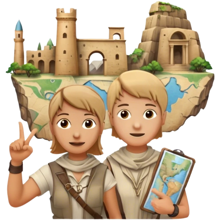Icon for Documentary Film (TV style): A traveler pointing backward and narrating in front of ancient ruins. Include elements like historical landmarks, maps, and exploration tools to evoke a sense of adventure. Transparent background. emoji