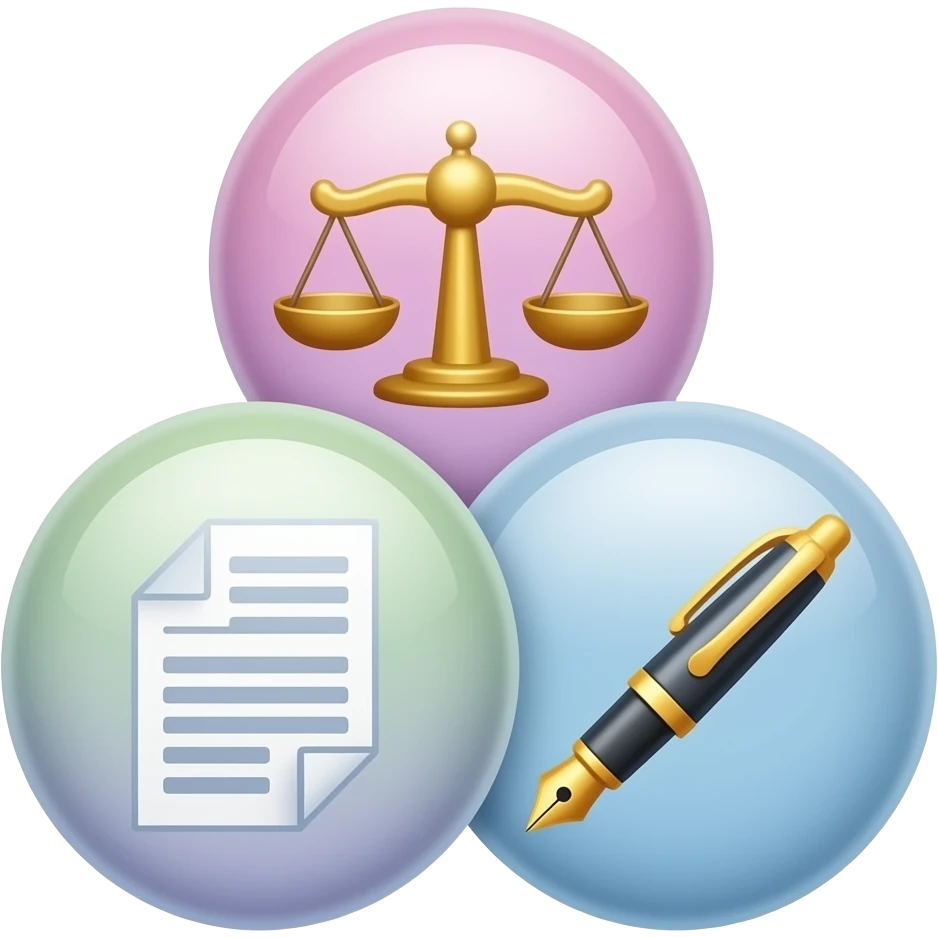 ONLY 3 equal spheres with symbols one with a justice balance other with paper and other with a presidential pen pastel colors emoji