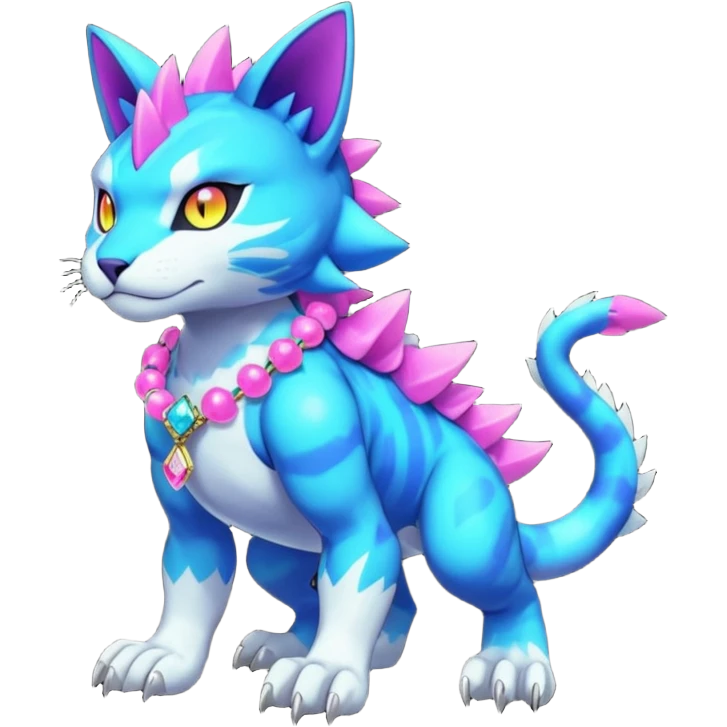 Colorful neon glowing abyssal garurumon-purloin-feline-Fakemon-Digimon-creature wearing a cool casual fashionable aesthetic clothes and accessories and jewelries and apparels fursona (full body)  emoji