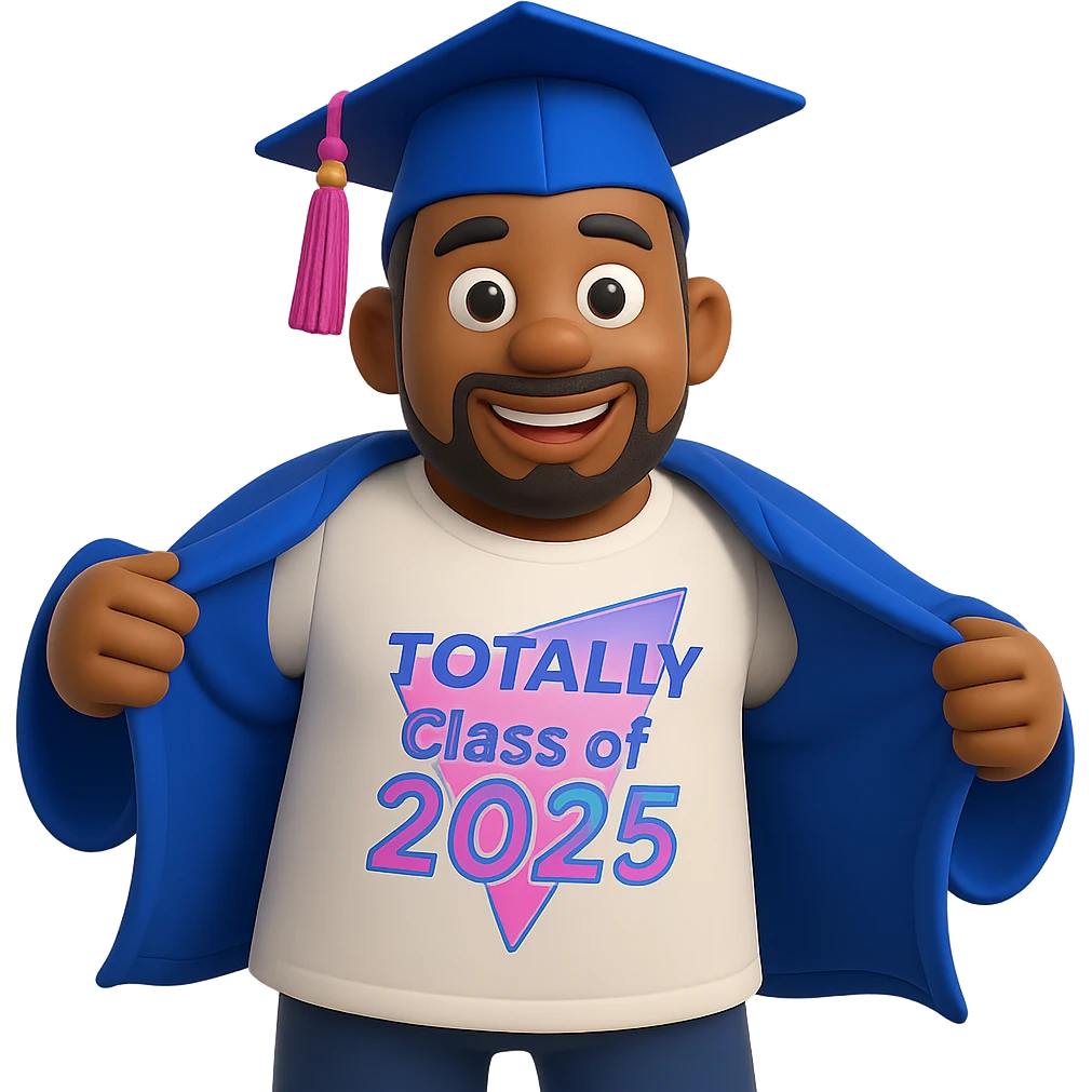 Add a very thin beard and mustache to the cool emoji based on the person in the reference photo, wearing a graduation outfit, 3D cartoon style. Make the background transparent. The style should resemble a 3D cartoon look with a graduation outfit as shown in the reference. emoji