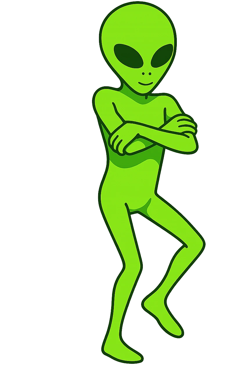 Edit the alien dancing neon green image to have crossed arms and a slightly changed pose for animation frame 3. Keep it almost identical to the reference with a transparent background. emoji