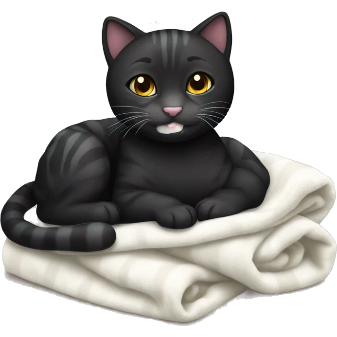 Black tiger cat with white mouth, white neck, with a cozy blanket emoji