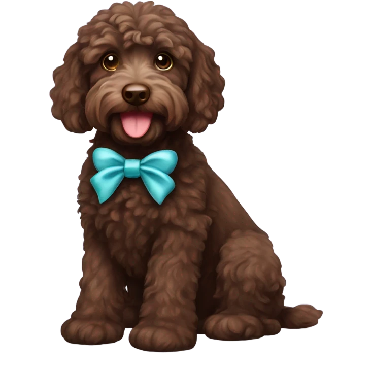 Chocolate labradoodle wearing a bow emoji