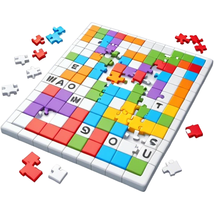 A photorealistic icon with a colorful, fragmented crossword magazine, a 3D puzzle, and a partially completed puzzle on a table. Bright, detailed design with realistic lighting. Transparent background, clearly symbolizing puzzles and brain games. emoji