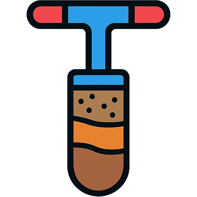 color illustration of a soil core tool with a visible soil sample inside, emphasizing the tool's function emoji