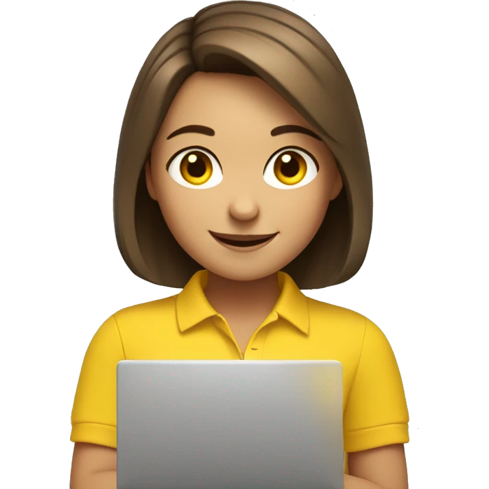 A girl with brown hair and a bob hairstyle in a yellow polo with a laptop winks and smiles. emoji