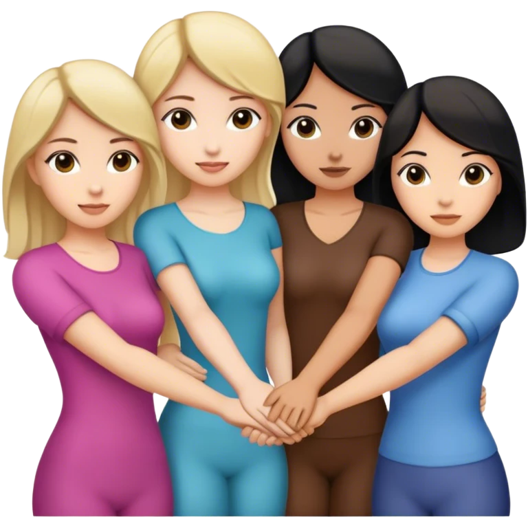 Three women holding hands, two white, one tan, one with dark blonde hair, one with black hair, and one with dark brown hair emoji