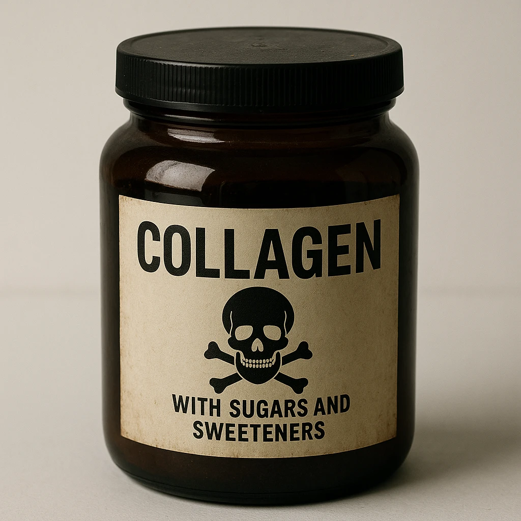 realistic collagen jar with label indicating presence of sugars and sweeteners, poison or danger symbol, dark atmosphere, realistic details, white background emoji