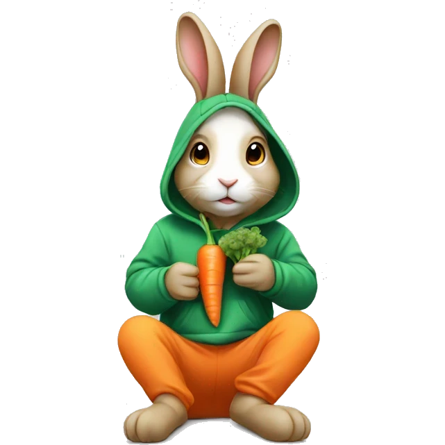 a rabbit wearing a hoodie and eating carrot emoji