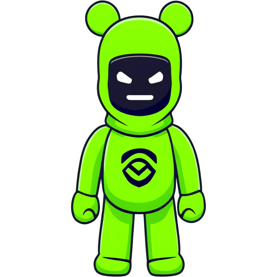cool bearbrick wearing a vibrant lime green balaclava with a dark symbol emoji