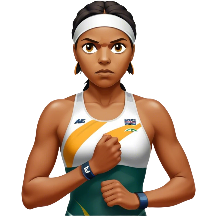Cinematic Realistic portrait of Cathy Freeman, shown as an iconic Australian athlete with a focused, determined expression and modern athletic attire accented with subtle native motifs, rendered in dynamic, vibrant lighting emoji