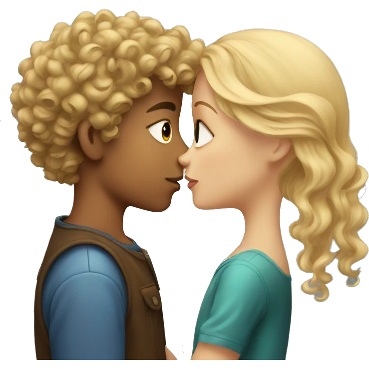 A blonde girl kisses a boy with curly brown hair emoji