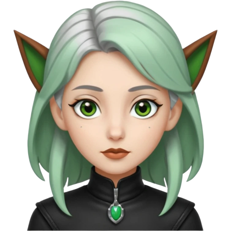 Haz un emoji de una chica con piel blanca ojos marrones y verdes nariz puntiaguda orejas de fae labios finos pelo plateado con un recogido y ropa de cuero negra emoji