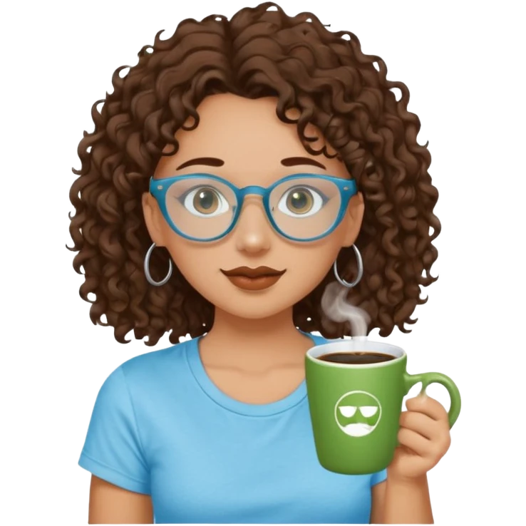 White girl with dark brown curly hair, brown eyes, sky blue glasses, nose piercing septum, green t shirt, drinking coffee from a cup emoji