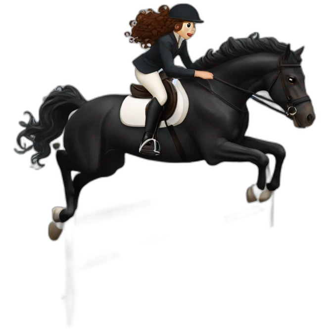 a  JET BLACK HORSE JUMPING AN OBTACLE, tHE HORSES RIDER IS A YOUNG FEMALE WITH LONG CURLY BRUNNET HAIR OF A REDDISH HUE emoji