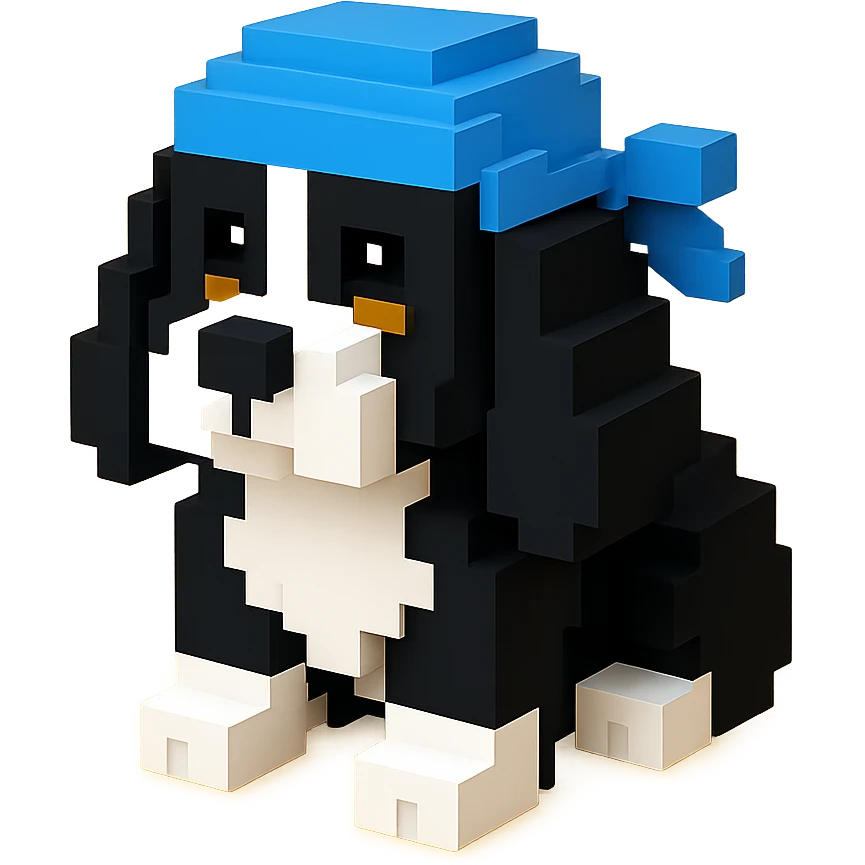 A black and white Russian Cocker Spaniel puppy wearing a durag, voxel style, standing emoji