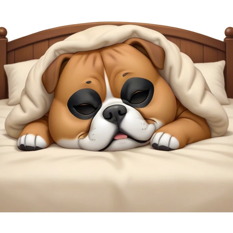 Cinematic Meme-Worthy Chubby Sleeping Boxer dog Portrait Emoji, Head resting peacefully with a contented smile, showcasing a delightfully chubby build and a luxuriously soft fawn coat with a striking black mask, eyes shut in a serene nap, Simplified yet hilariously adorable features, highly detailed, glowing with a soft, drowsy light, high shine, relaxed and utterly lovable, stylized with an air of playful laziness, bright and heartwarming, soft glowing outline, capturing the essence of a comically sleepy Boxer, so meme-worthy it feels like it could instantly become the next viral sensation of adorable slumber! emoji