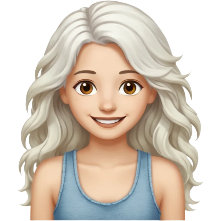 woman with wavy long white hair and brown eyes. smiling in a grunge tanktop. pale skin. emoji