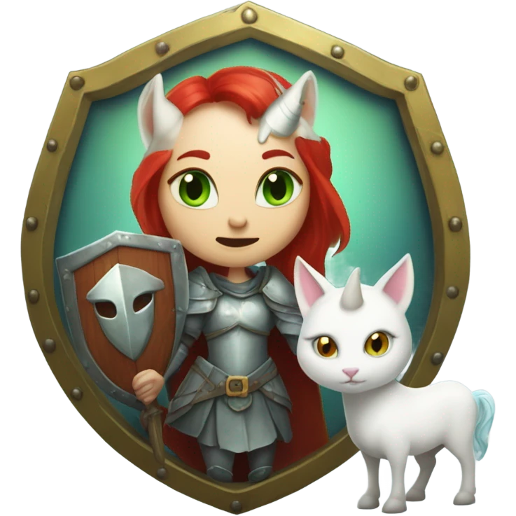 medieval shield: [politically incorrect, (
	{ female, alien, witch, color: light green, hair:red, eyes:cat} ]
	on a 
	[{ unicorn: white, legged:four, mane: light blue }]) emoji