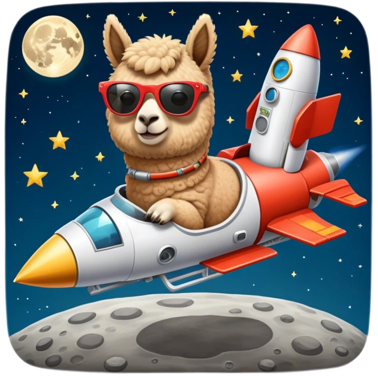 alpaca with sunglasses on rocket ship landing on the moon emoji