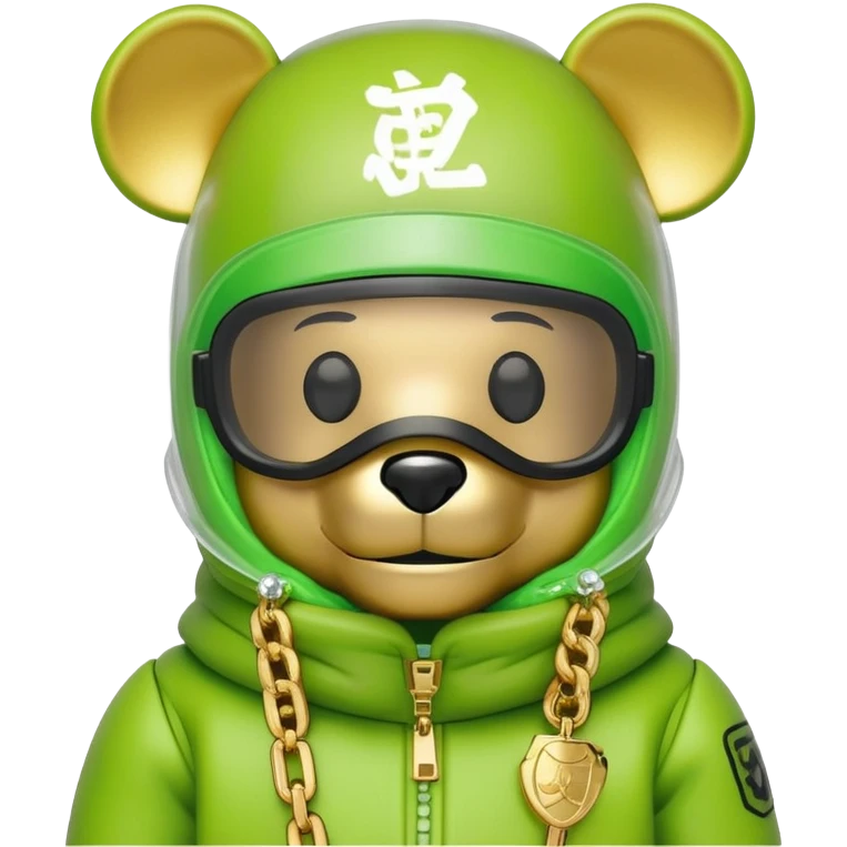bearbrick wearing lime balaclava with graffiti logos where eye area is replaced by one continuous shield visor lens that's part of the mask, not separate eyewear, puffy coat with fur trim, gold chains emoji