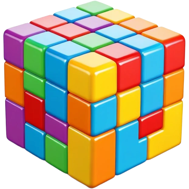 A 3D Tetris-style cube block with a smooth, glossy surface. Bright and vibrant colors, slightly reflective, with soft shadows. The cube should have a modern and playful look, resembling classic Tetris game aesthetics emoji