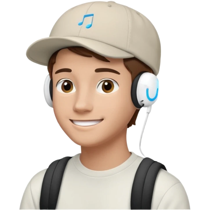 Only the head of a young guy with brown hair smiling with airpods in his ears and a cap on his head turned back. emoji