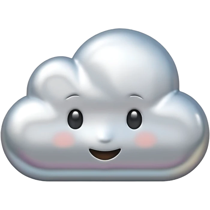 A cute cloud emoji made of silver chrome, smooth rounded shape, glossy metallic surface, soft reflections, minimal and friendly design, iOS emoji style, centered, clean white background, soft lighting emoji